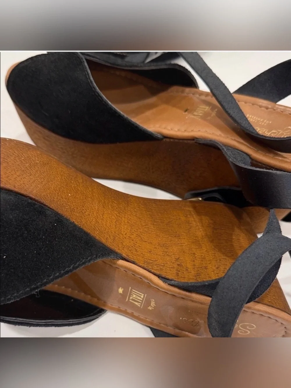 Seychelles Italian Sandals Black Suede Upper, Brown Wood Lower Size 8